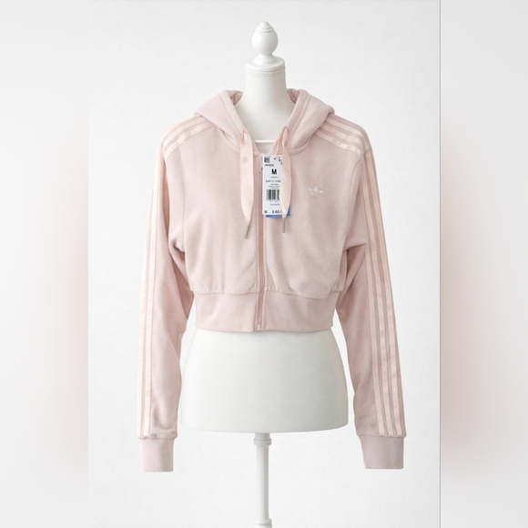 adidas Jackets & Blazers - Adidas Cropped Zip Hoodie Pink 3-Stripe Athletic Jacket Size M NWT